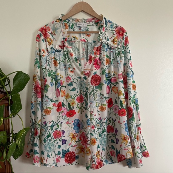 Gibson Latimer Multicolored Floral Ruffle V-neck Chiffon Blouse Women’s … - Picture 1 of 10